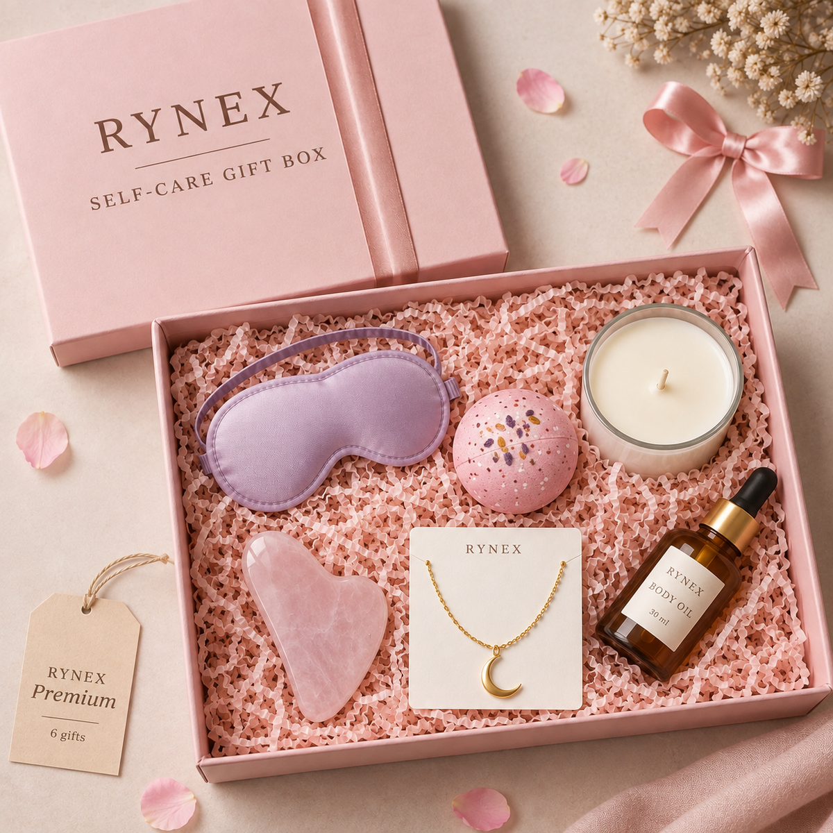 Rynex Self-Care Gift Box Premium: 6 self-care gifts in a ribbon-tied gift box